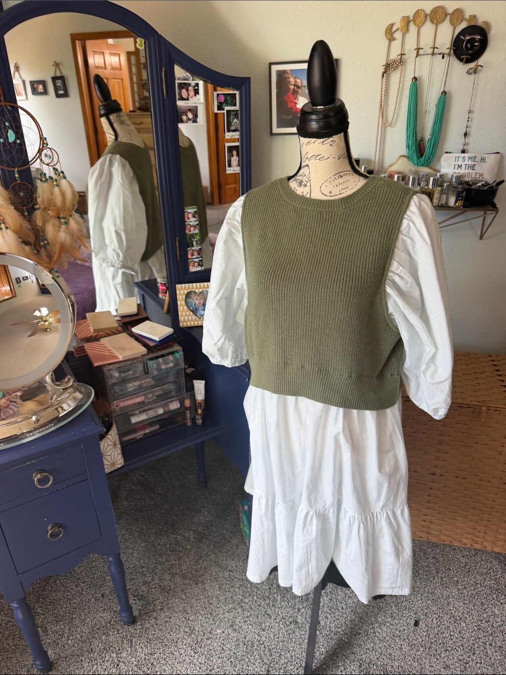 Eloquii Olive Green Knit Vest Over White Midi Dress